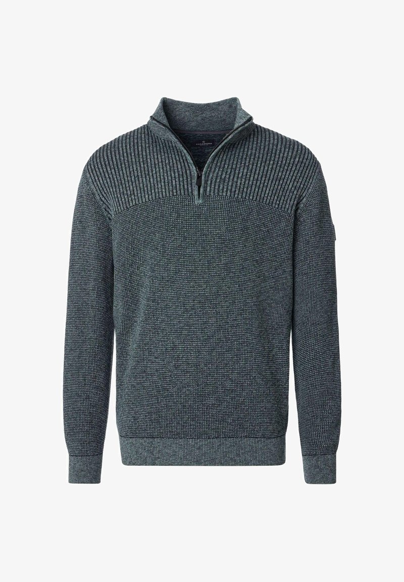 Dark gray knitted pullover sweater with ribbed upper chest, quarter zip collar, and long sleeves.