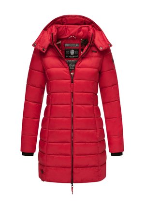 Rote Pufferjacke mit horizontaler Steppung, hohem Kragen, durchgehendem Reißverschluss und gerippten Bündchen. Das gefütterte Innere hat ein Karomuster.