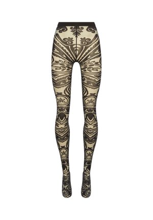 Leggings noirs à motifs avec une base légère et transparente. Présentent des motifs floraux et géométriques complexes sur toute la surface du tissu.