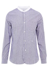 Camicia a maniche lunghe a righe viola e bianche con colletto alla mandarino, chiusura frontale con bottoni e una tasca sul petto. Tessuto morbido.