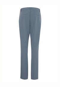 Lichtblauwe rechtlopende broeken met een gladde textuur, voorzien van twee achterzakken en een strakke tailleband, geschikt voor formele kleding.