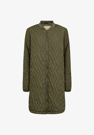 Oliven grøn quilted lang jakke med lynlås foran, rund krave, lange ærmer og diamantmønsterdetaljer på ydersiden.