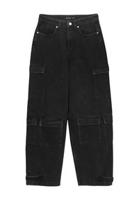 Pantaloni cargo in denim nero con una vestibilità ampia, caratterizzati da molteplici tasche laterali, chiusura con bottone e orli cuff. Tessuto resistente con una leggera trama.