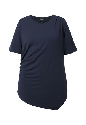 Marineblaues Damenoberteil mit kurzen Ärmeln, rundem Ausschnitt, seitlicher Raffung und asymmetrischem Saum.