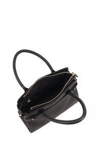 Sac à main en cuir noir avec deux poignées, fermeture éclair et un extérieur texturé. L'intérieur présente une doublure lisse et une petite poche.