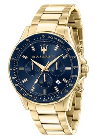 Orologio in acciaio inossidabile dorato con quadrante blu, tre sotto-quadranti, indicazione della data e scala tachimetrica. Presenta un bracciale a maglie e dettagli testurizzati.