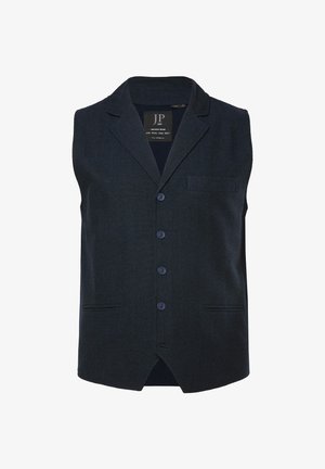 Marineblaues ärmelloses Weste mit Spitzkragen, fünf Knöpfen, zwei Fronttaschen und einer strukturierten Stoffoberfläche. Teilweise gefüttert.