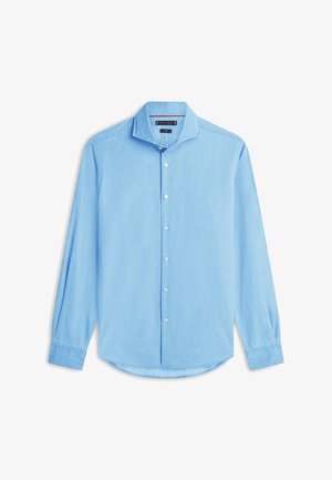 Vaaleansininen pitkähihainen napillinen kauluspaita näkyvillä napeilla ja suoralla helmalla, valkoisella taustalla esillä.