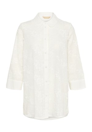 Blouse blanche à manches longues avec motif en dentelle florale, boutonnage à l'avant, col rond et larges poignets.