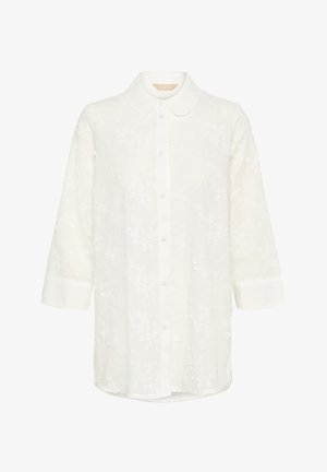 Weiße Bluse mit langen Ärmeln und floralem Spitzendesign, durchgehender Knopfleiste, rundem Kragen und breiten Manschetten.