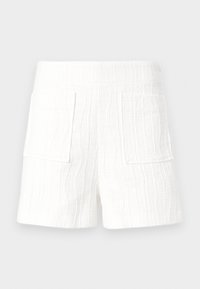 Λευκά σορτς από υφασμάτινη υφή με φαρδιά ελαστική μέση και δύο μεγάλες τσέπες στο μπροστινό μέρος.