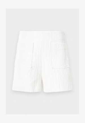 Short en tissu texturé blanc avec une large taille élastique et deux grandes poches plaquées à l'avant.