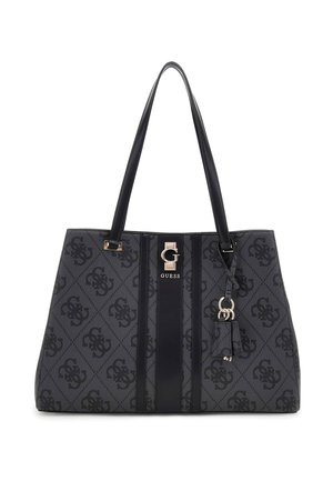 Borsa tote nera con motivo, caratterizzata da un tessuto testurizzato, manici doppi, logo frontale e un ciondolo removibile con dettagli in hardware color oro.