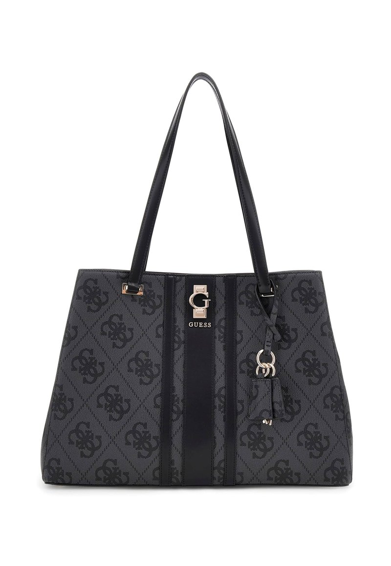 Borsa tote nera con motivo, caratterizzata da un tessuto testurizzato, manici doppi, logo frontale e un ciondolo removibile con dettagli in hardware color oro.