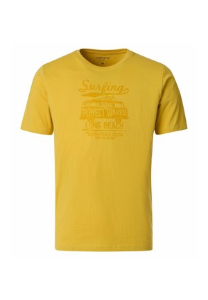 Żółty T-shirt z krótkim rękawem i okrągłym dekoltem, z wyblakłą grafiką przedstawiającą vana, deskę do surfowania i napis „surfing” na klatce piersiowej.