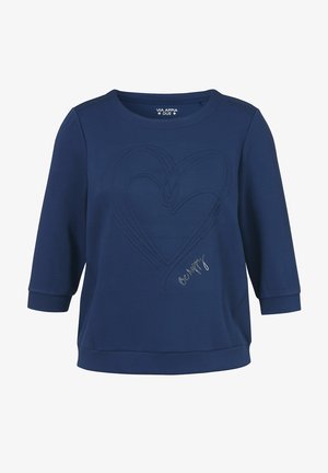 Marineblauwe sweatshirt met driekwart mouwen, reliëf hartontwerp en kleine cursieve tekst "be happy" aan de voorkant.