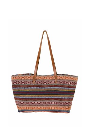 Große gewebte Umhängetasche mit mehrfarbigen horizontalen Streifen und geometrischen Mustern, mit braunen Ledergriffen.