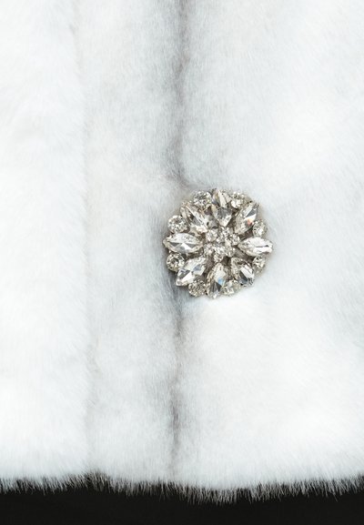 Valge võltskarusnaha ese, millel on suur, kaunistatud hõbedane pross, mille keskel säravad selged ja marquise-lõikelised kivikesed.