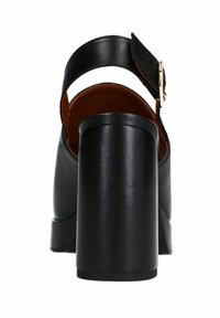 Zwarte leren sandaal met hak, voorzien van een dikke blokhak, een verstelbare enkelband en een zachte textuur. De binnenkant heeft een bruine voering.