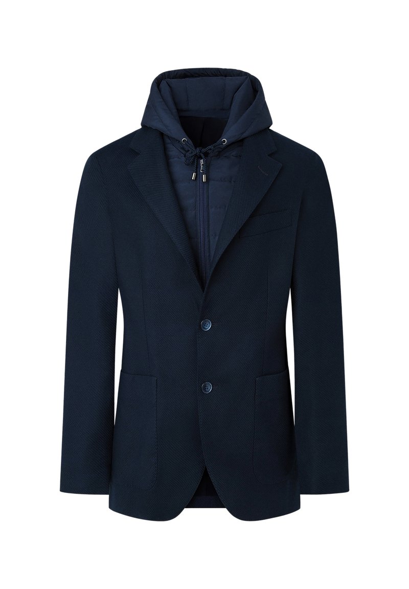 Blazer de mezcla de lana en color navy con capucha acolchada desmontable, dos botones, solapas con muesca y dos bolsillos frontales. Tejido texturizado con patrón de espiga.