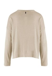 Maglione beige a maniche lunghe con collo a girocollo e spalle scese. Tessuto a maglia testurizzato e un piccolo dettaglio a loop sul retro del collo.