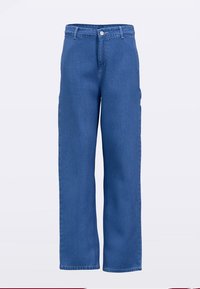 Blaue Jeans aus Denim mit geradem Bein, hoher Taille und klassischem Fünf-Taschen-Design. Verfügt über eine Knopfleiste und minimale Steppnähte.