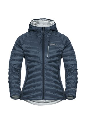 Marine blauwe pufferjack met capuchon, voorzien van een gequiltde textuur, rits aan de voorkant en grijze accenten. Inclusief één borstzak en twee zijzakken.