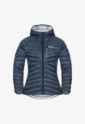 Marine blauwe pufferjack met capuchon, voorzien van een gequiltde textuur, rits aan de voorkant en grijze accenten. Inclusief één borstzak en twee zijzakken.