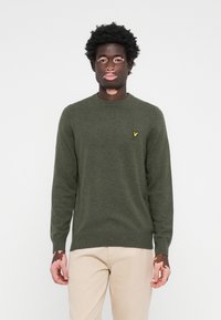Pull en tricot vert avec un col rond et des manches longues. Présente un petit logo jaune sur la poitrine. Texture douce et coupe ajustée.
