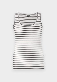 Ribbed tank top dengan garis horizontal hitam dan putih. Memiliki leher scoop dan tali tipis. Terbuat dari kain yang lembut dan elastis.