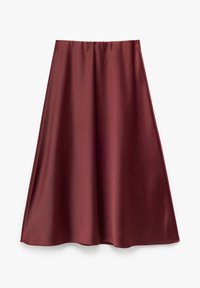 Burgundy satin nederdel med en glat tekstur, der har en flagrende A-linjeform og en elastisk talje, designet til at være nem at have på.