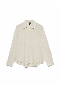 Chemise crème à manches longues avec boutons, deux poches poitrine, col classique et ourlet légèrement arrondi.