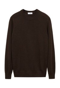 Brown knit sweater with a round neck, ribbed cuffs, and hem. Features a textured finish and raglan sleeves for a relaxed fit.