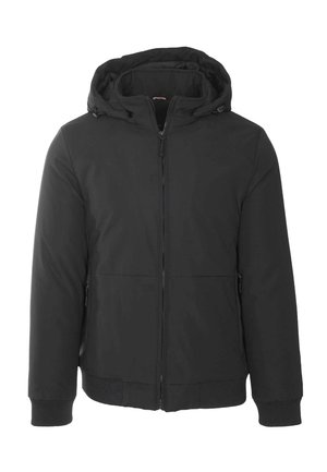 Giacca invernale nera con cerniera, cappuccio attaccato, polsini e orlo a coste, mostrata contro uno sfondo bianco.