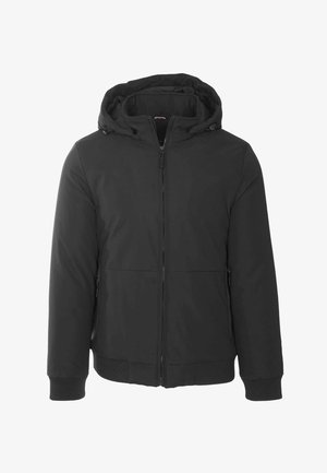 Giacca invernale nera con cerniera, cappuccio attaccato, polsini e orlo a coste, mostrata contro uno sfondo bianco.