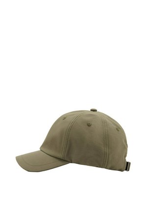 Gorra de béisbol de color verde oliva con viseracurvada, ojales cosidos y correa ajustable en la parte trasera, mostrada de perfil sobre un fondo blanco.