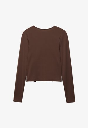 Ruskea pitkähihaisia paita, jossa on pyöreä pääntie, lyhennetty malli ja sileä pinta, ilman kuvioita tai koristeita.