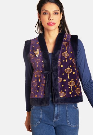Navy blue, plush vest with gold lantern pattern, embroidered tiger detail, and a tie closure at the front, worn over a long-sleeve top.