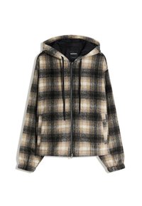 Hooded zip-up-jacka med svart, beige och vit rutmönster, svarta dragsko, elastiska mudd och framfickor.