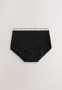 Sous-vêtement en coton noir taille haute avec une ceinture élastique blanche comportant le logo "NEXT" répété autour de la bande. Texture lisse.