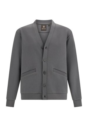 Cardigan gris en tissu lisse, présentant un col en V, cinq boutons sur le devant et deux poches avant avec un ourlet côtelé.