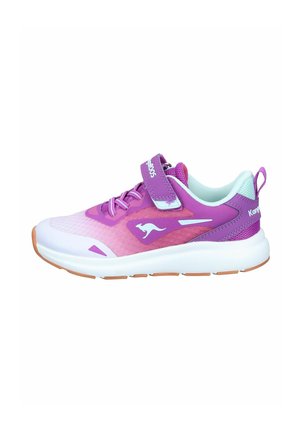 Purple and pink athletic sneaker with white sole, hook-and-loop strap, laces, kangaroo logo, and pull tab at heel.