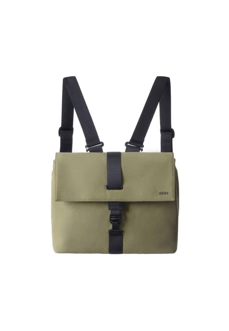 Khaki messenger bag with a flap closure, black adjustable straps, a front buckle, and a textured surface. Features a logo on the side.