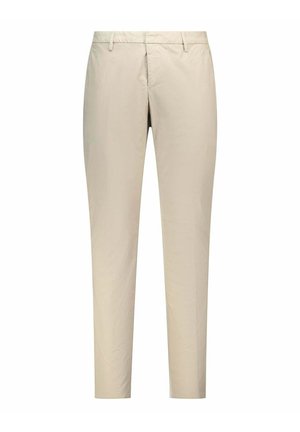 Pantaloni beige chiaro a gamba dritta con passanti per cintura e cerniera frontale, mostrati su sfondo bianco.