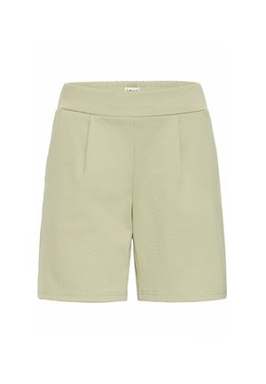 Light green shorts with an elastic waistband, featuring front pleats and a smooth texture. No visible hardware or patterns.