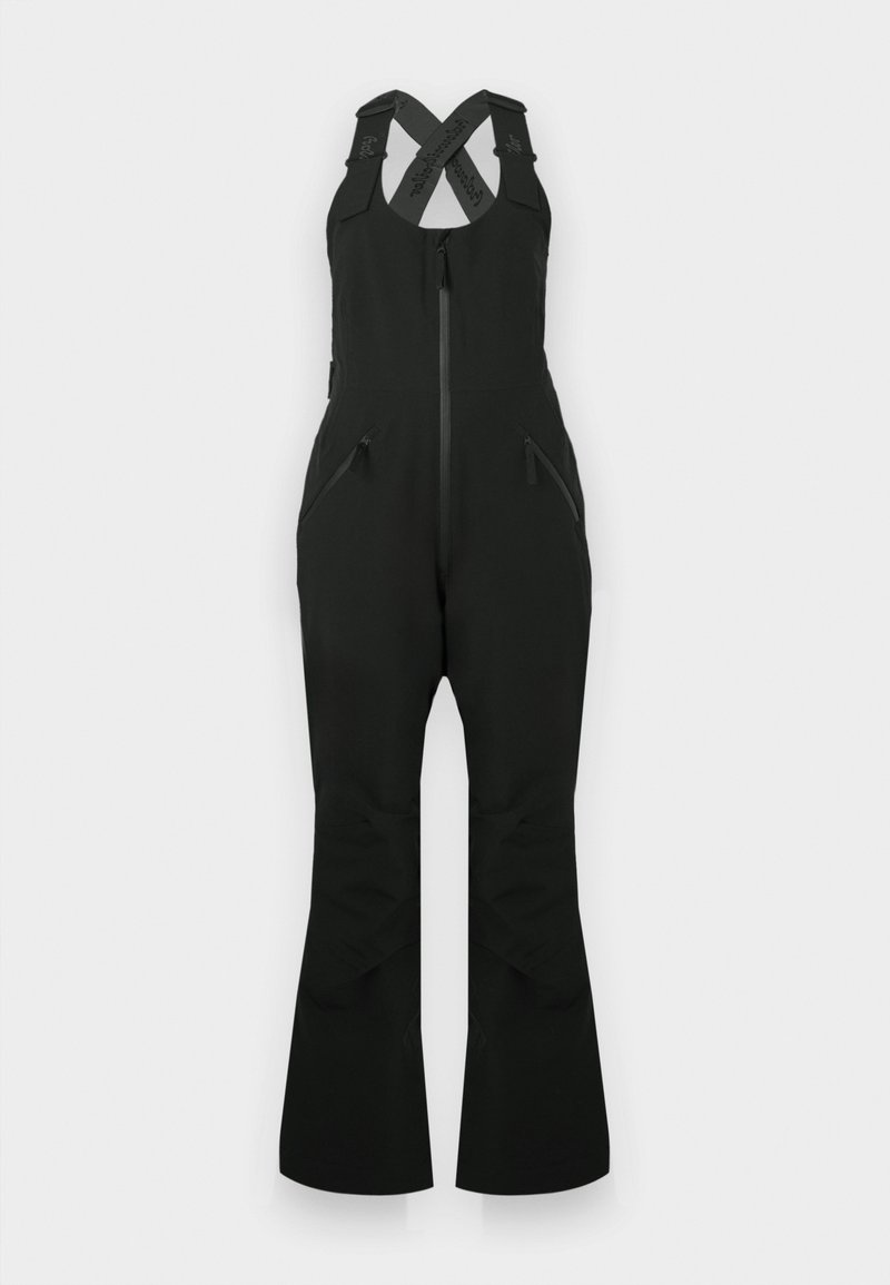 Black overall snow pants with a zip front, cross-back straps, and zippered pockets; made of a smooth, water-resistant fabric.