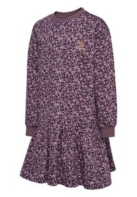 Robe à manches longues en tissu violet avec un motif de feuilles, présentant un corsage ajusté et une jupe évasée accentuée par un ourlet à volants.