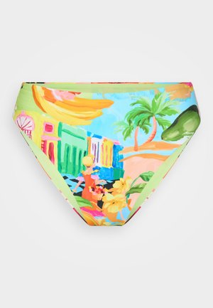 Bikini bottom featuring a colorful tropical print with green, yellow, and pink hues, depicting flowers, buildings, and palm trees.