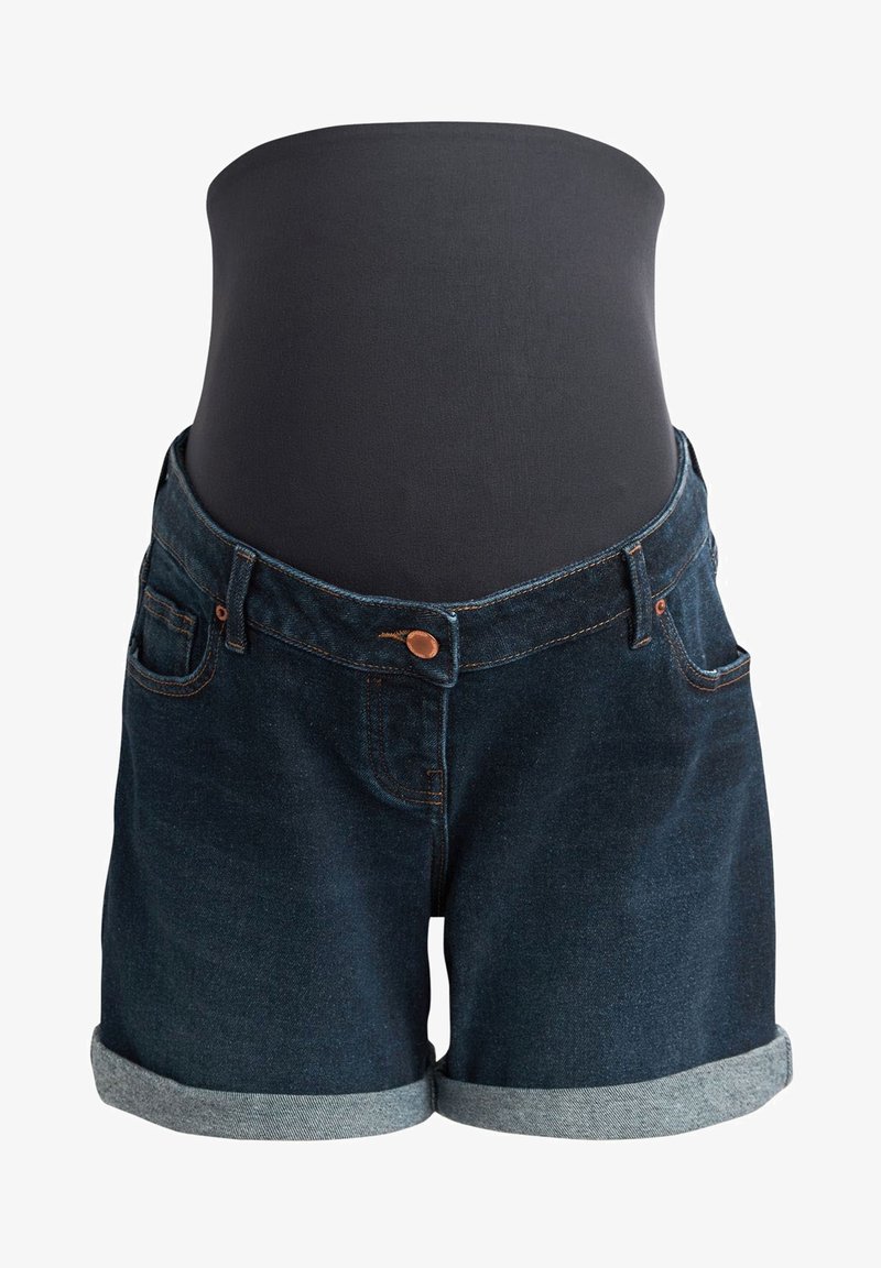 Denim shorts with a dark wash, featuring a rolled hem, front pockets, and a button closure. Soft, stretchy fabric at the waistband.