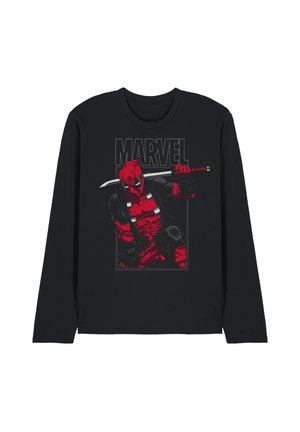 Schwarzes Langarmshirt mit rotem und schwarzem Deadpool, der ein Katana hält, und dem Wort Marvel oben in großen Buchstaben.